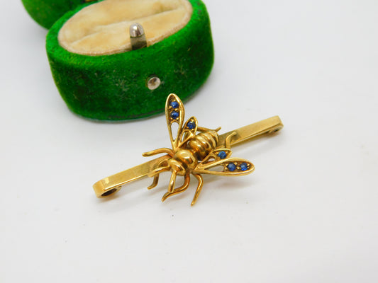 9ct Yellow Gold Sapphire Set Insect or Honey Bee Brooch Antique 1931 Birmingham