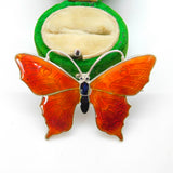 Sterling Silver Red-Black Guilloche Enamel Butterfly Sweetheart Brooch Antique
