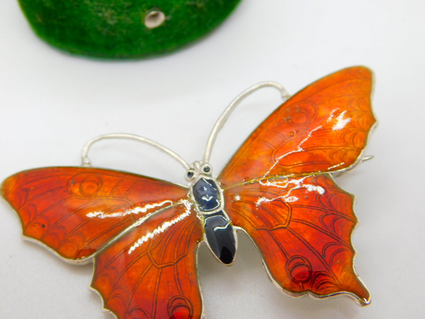 Sterling Silver Red-Black Guilloche Enamel Butterfly Sweetheart Brooch Antique