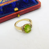 9ct Yellow Gold, Peridot & Diamond Band Ring Vintage c1970 Size J 1/2 UK