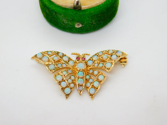 9ct Yellow Gold, Ethiopian Opal & Ruby Butterfly Brooch Vintage 1984 London