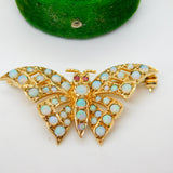 9ct Yellow Gold, Ethiopian Opal & Ruby Butterfly Brooch Vintage 1984 London