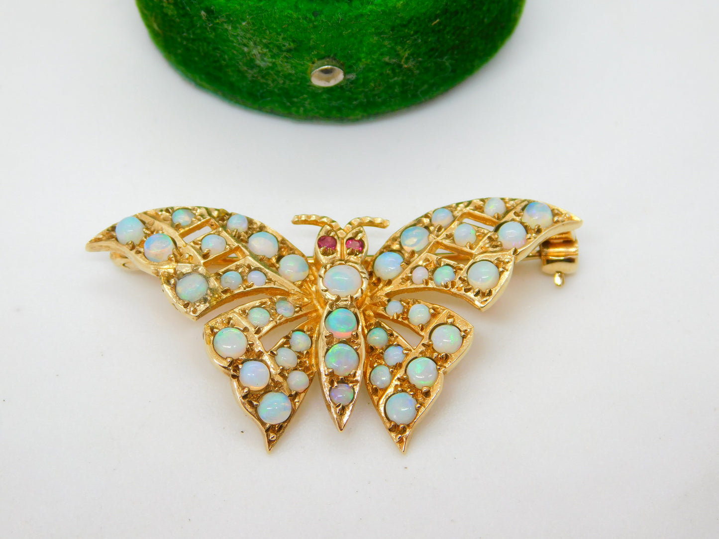 9ct Yellow Gold, Ethiopian Opal & Ruby Butterfly Brooch Vintage 1984 London