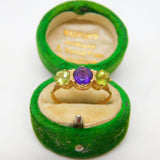 9ct Gold, Amethyst & Peridot Suffragette Dress Ring Vintage c1990 Birmingham