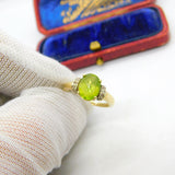 9ct Yellow Gold, Peridot & Diamond Band Ring Vintage c1970 Size J 1/2 UK