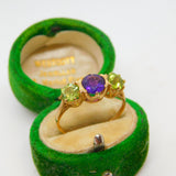 9ct Gold, Amethyst & Peridot Suffragette Dress Ring Vintage c1990 Birmingham