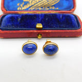 9ct Yellow Gold & Cabochon Lapis Lazuli Set Stud Earrings Vintage c1970