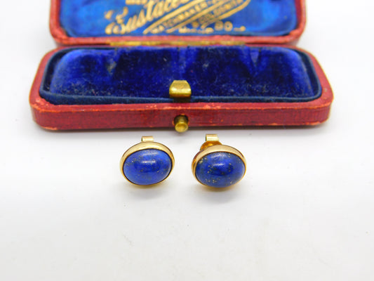 9ct Yellow Gold & Cabochon Lapis Lazuli Set Stud Earrings Vintage c1970