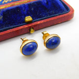 9ct Yellow Gold & Cabochon Lapis Lazuli Set Stud Earrings Vintage c1970