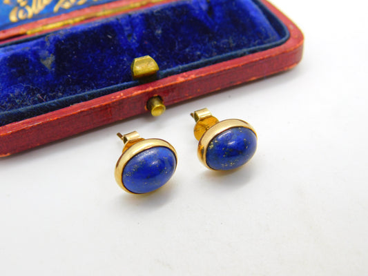 9ct Yellow Gold & Cabochon Lapis Lazuli Set Stud Earrings Vintage c1970