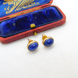 9ct Yellow Gold & Cabochon Lapis Lazuli Set Stud Earrings Vintage c1970