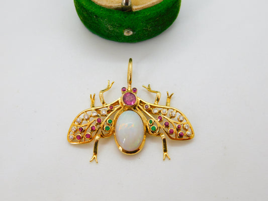 Victorian 18ct Gold, Diamond, Ruby, Emerald, Opal Insect or Bug Pendant Antique