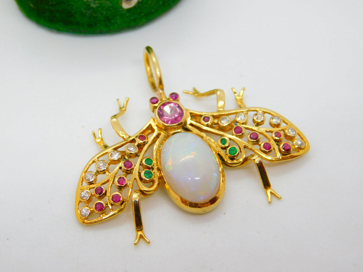 Victorian 18ct Gold, Diamond, Ruby, Emerald, Opal Insect or Bug Pendant Antique