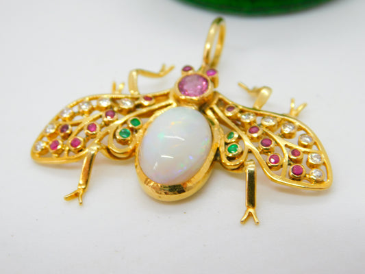 Victorian 18ct Gold, Diamond, Ruby, Emerald, Opal Insect or Bug Pendant Antique