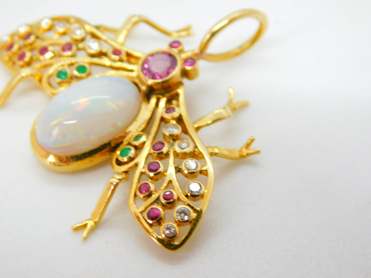 Victorian 18ct Gold, Diamond, Ruby, Emerald, Opal Insect or Bug Pendant Antique