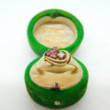 14ct Gold, Ruby & 0.1ct Diamond Floral Spray Band Ring Vintage c1970