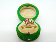 14ct Gold, Ruby & 0.1ct Diamond Floral Spray Band Ring Vintage c1970