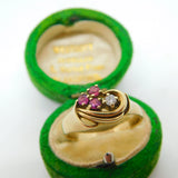 14ct Gold, Ruby & 0.1ct Diamond Floral Spray Band Ring Vintage c1970