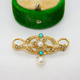 9ct Yellow Gold, Seed Pearl & Turquoise Floral Lavalier Drop Brooch Vintage 1982