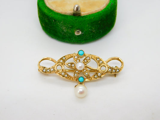 9ct Yellow Gold, Seed Pearl & Turquoise Floral Lavalier Drop Brooch Vintage 1982