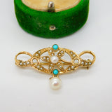 9ct Yellow Gold, Seed Pearl & Turquoise Floral Lavalier Drop Brooch Vintage 1982