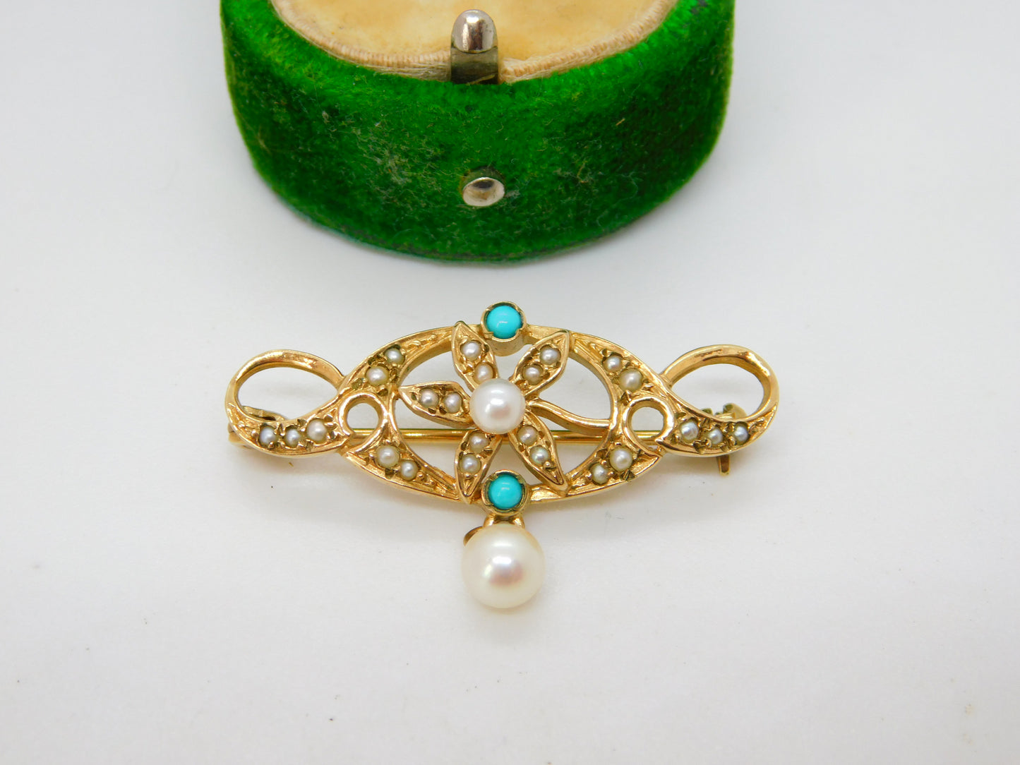 9ct Yellow Gold, Seed Pearl & Turquoise Floral Lavalier Drop Brooch Vintage 1982