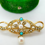 9ct Yellow Gold, Seed Pearl & Turquoise Floral Lavalier Drop Brooch Vintage 1982