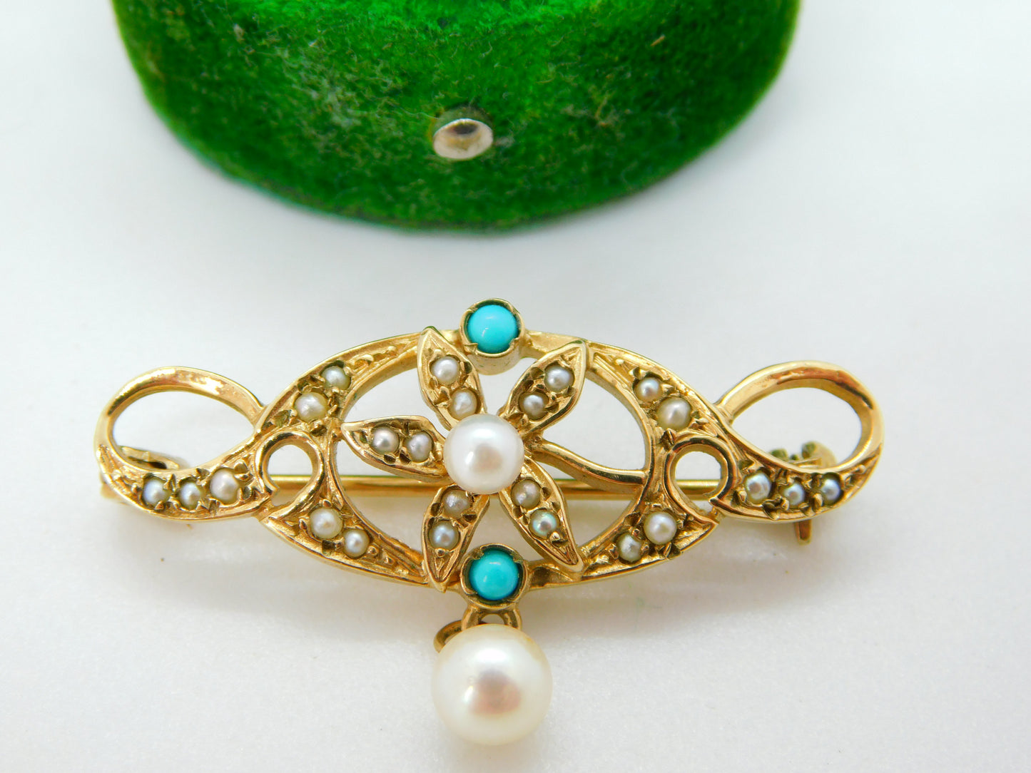 9ct Yellow Gold, Seed Pearl & Turquoise Floral Lavalier Drop Brooch Vintage 1982