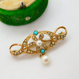 9ct Yellow Gold, Seed Pearl & Turquoise Floral Lavalier Drop Brooch Vintage 1982