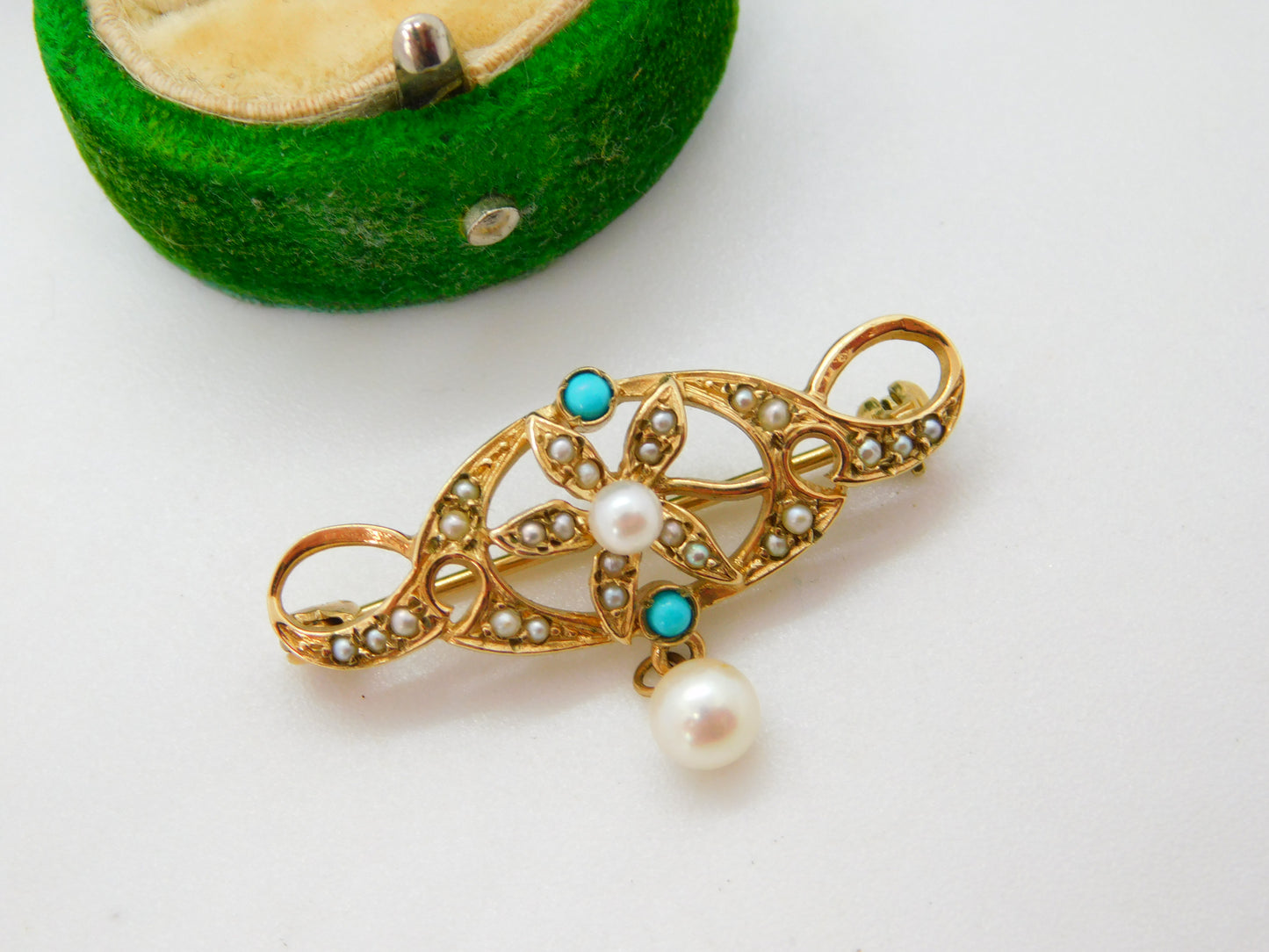 9ct Yellow Gold, Seed Pearl & Turquoise Floral Lavalier Drop Brooch Vintage 1982