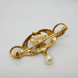 9ct Yellow Gold, Seed Pearl & Turquoise Floral Lavalier Drop Brooch Vintage 1982