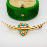 Victorian 15ct Gold, Seed Pearl & Turquoise Crescent Heart Brooch Antique c1890