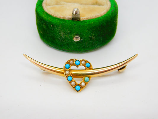 Victorian 15ct Gold, Seed Pearl & Turquoise Crescent Heart Brooch Antique c1890