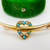 Victorian 15ct Gold, Seed Pearl & Turquoise Crescent Heart Brooch Antique c1890