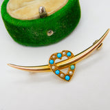 Victorian 15ct Gold, Seed Pearl & Turquoise Crescent Heart Brooch Antique c1890