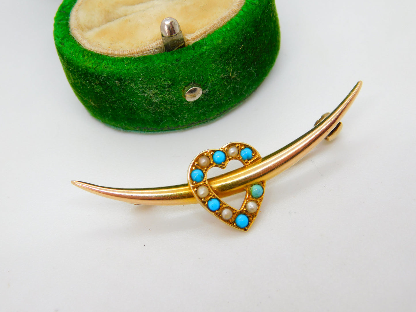 Victorian 15ct Gold, Seed Pearl & Turquoise Crescent Heart Brooch Antique c1890