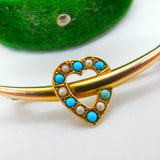 Victorian 15ct Gold, Seed Pearl & Turquoise Crescent Heart Brooch Antique c1890