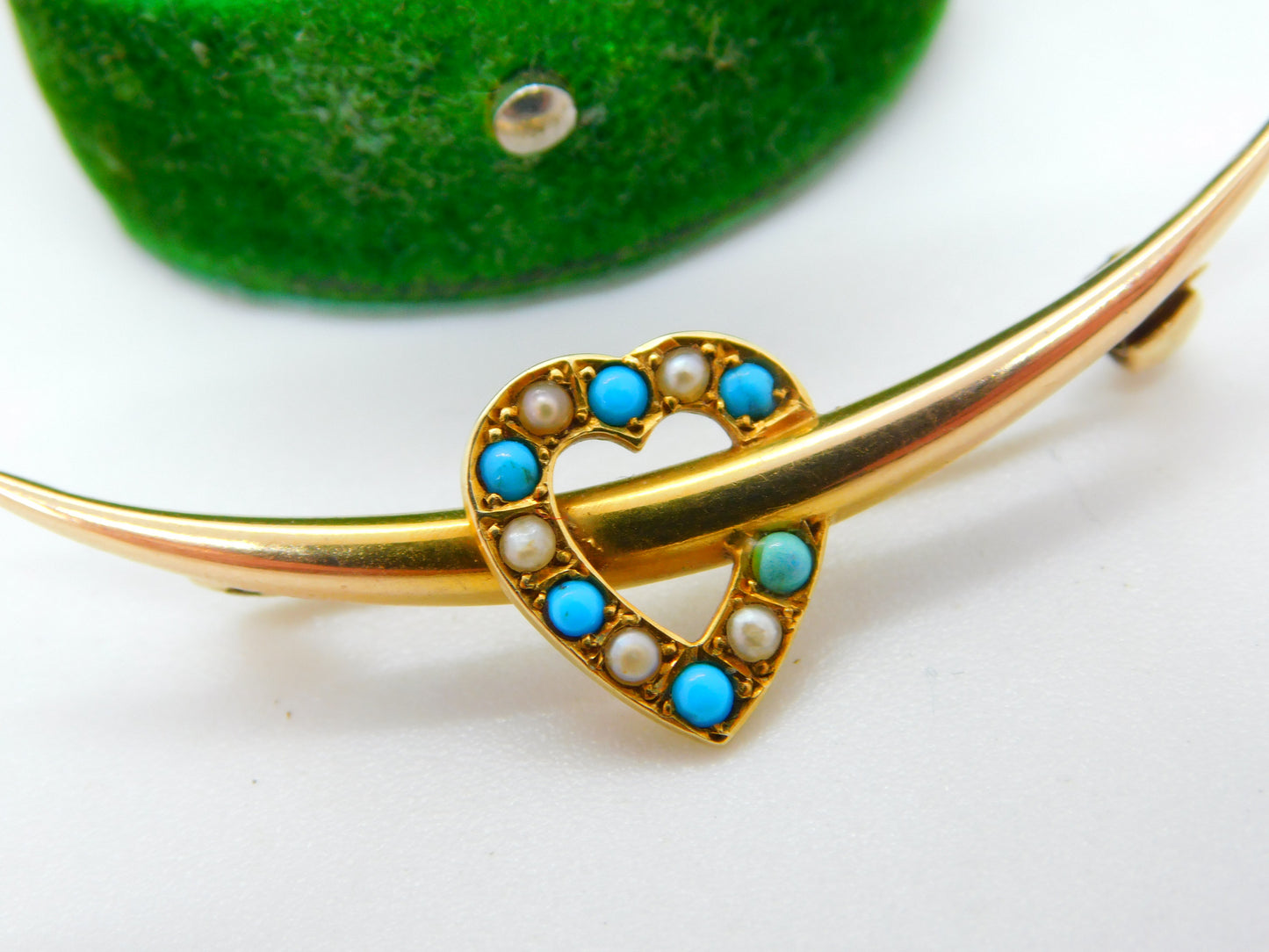 Victorian 15ct Gold, Seed Pearl & Turquoise Crescent Heart Brooch Antique c1890