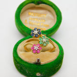9ct Yellow Gold, Sapphire, Emerald, Ruby & Diamond Floral Ring Vintage 1990