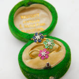 9ct Yellow Gold, Sapphire, Emerald, Ruby & Diamond Floral Ring Vintage 1990