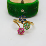 9ct Yellow Gold, Sapphire, Emerald, Ruby & Diamond Floral Ring Vintage 1990