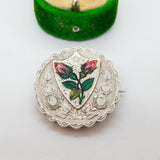 Victorian Sterling Silver Enamel Rose Flower Mourning Locket Brooch Antique 1894