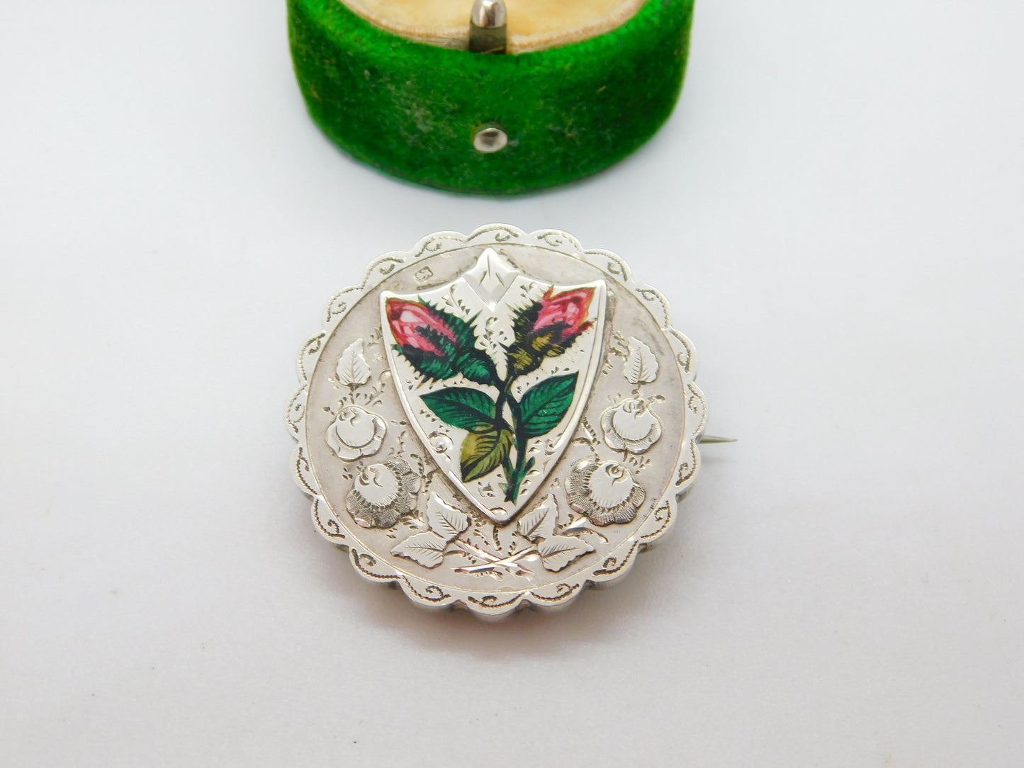 Victorian Sterling Silver Enamel Rose Flower Mourning Locket Brooch Antique 1894