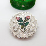 Victorian Sterling Silver Enamel Rose Flower Mourning Locket Brooch Antique 1894