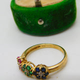 9ct Gold, Sapphire, Emerald, Ruby & Diamond Floral Band Ring Vintage 2007