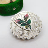 Victorian Sterling Silver Enamel Rose Flower Mourning Locket Brooch Antique 1894
