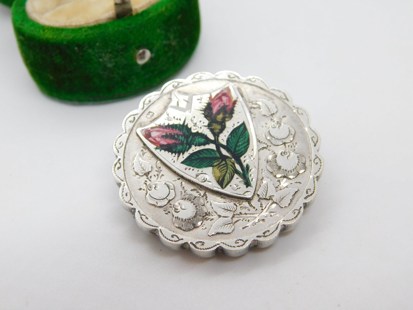 Victorian Sterling Silver Enamel Rose Flower Mourning Locket Brooch Antique 1894