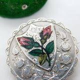 Victorian Sterling Silver Enamel Rose Flower Mourning Locket Brooch Antique 1894