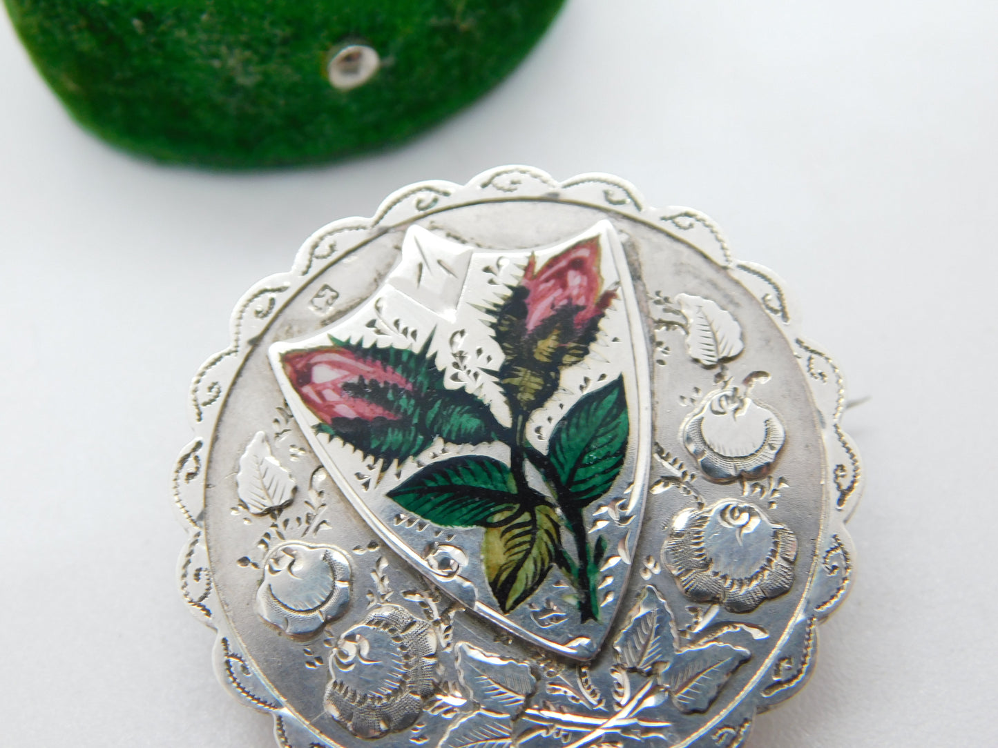 Victorian Sterling Silver Enamel Rose Flower Mourning Locket Brooch Antique 1894