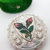 Victorian Sterling Silver Enamel Rose Flower Mourning Locket Brooch Antique 1894
